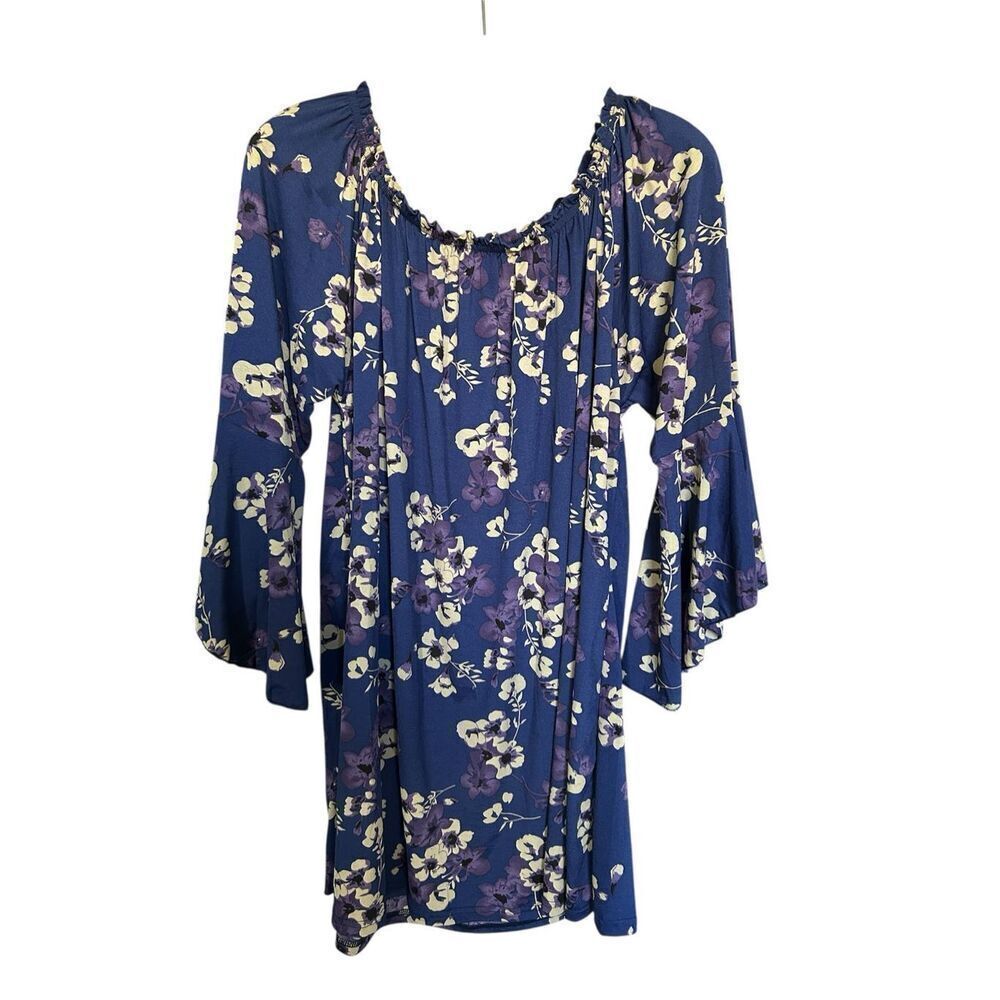 Lildy Women’s Tie Sleeve Tunic Top 2XL–3XL Blue Purple Floral Boho Plus Size Blo